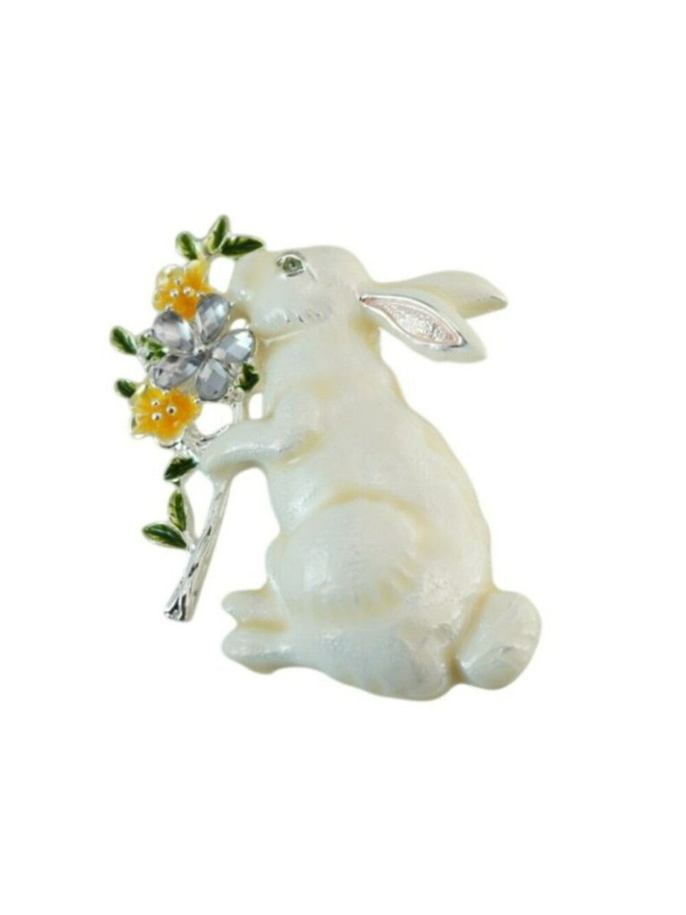 Napier White Enamel Easter Bunny Rabbit Brooch Pin Floral Bouquet